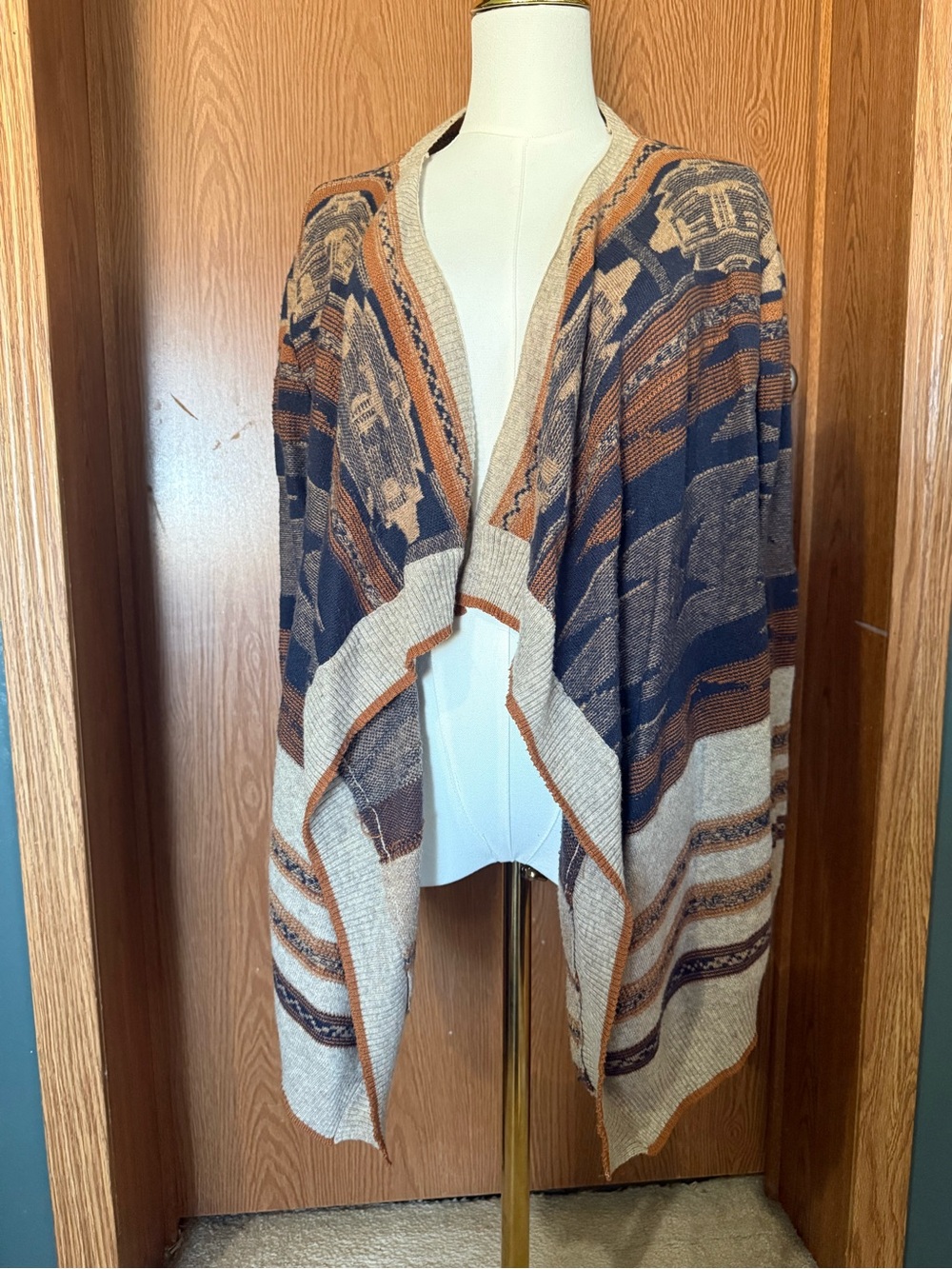 Pink Martini Draped Knit Cardigan in Navy, Rust & Taupe